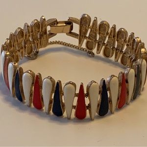 Vintage Signed Italian VIRO 1960s Gold Tone Red White Blue Enamel Bracelet 7.75